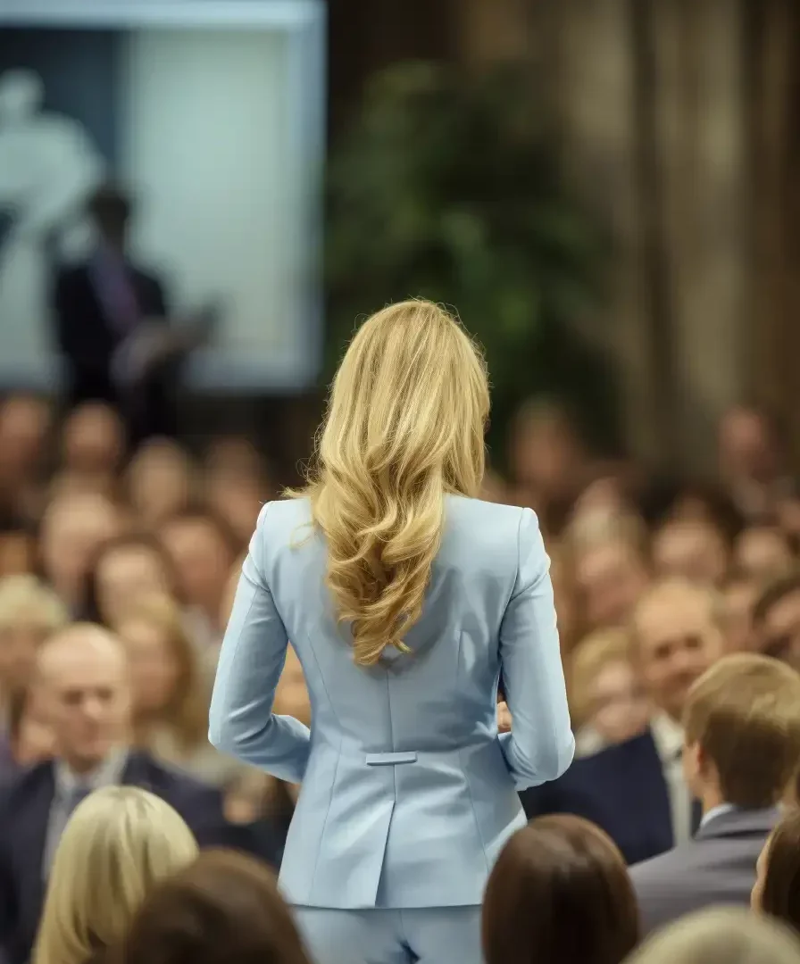 A female keynote speaker presenting to a live audience